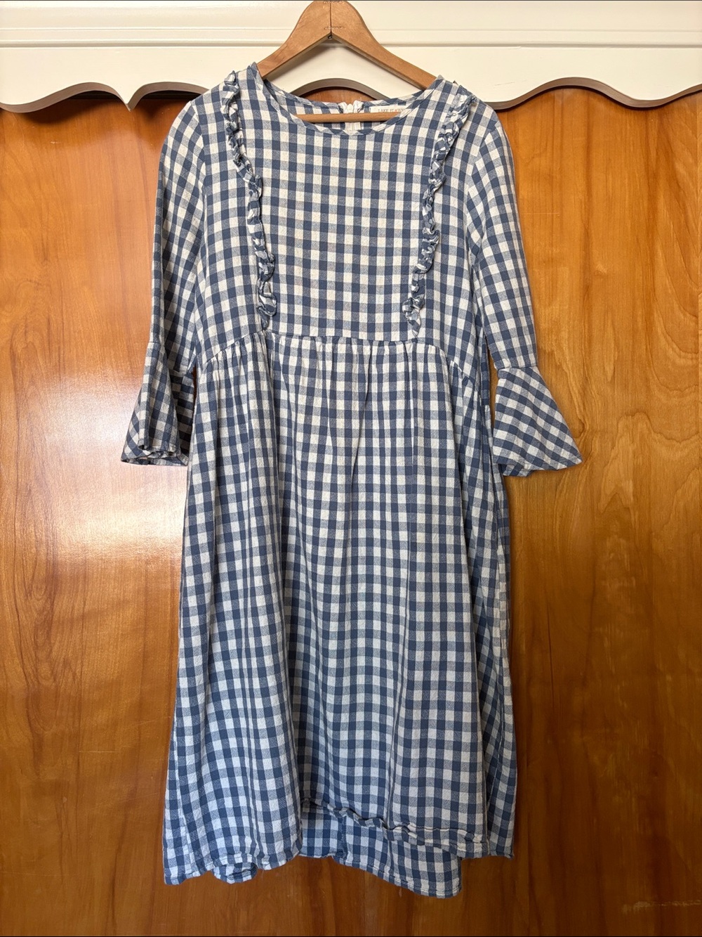 Blue and White Gingham Ruffle-Trim Casual Dress Lake Flower brand